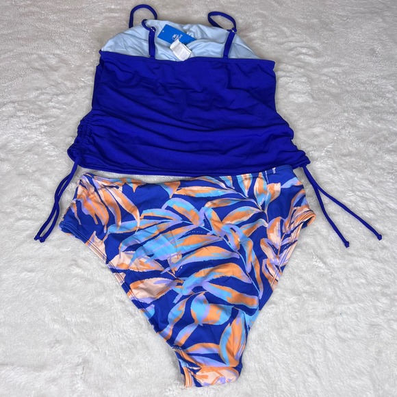 Cupshe Blue Ribbed Tankini Set Tropical Leaf High Waist Bikini Size Large NWT - Picture 5 of 13